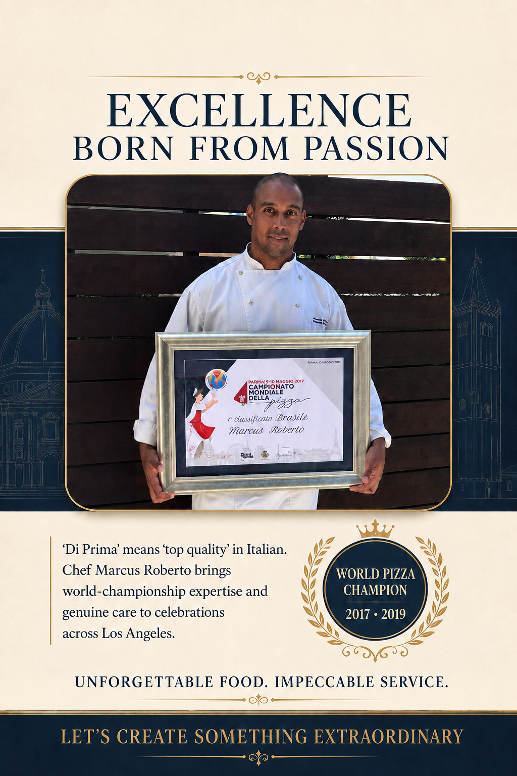 Chef Marcus Roberto holding his Campionato Mondiale della Pizza first-place certificate from Parma, Italy