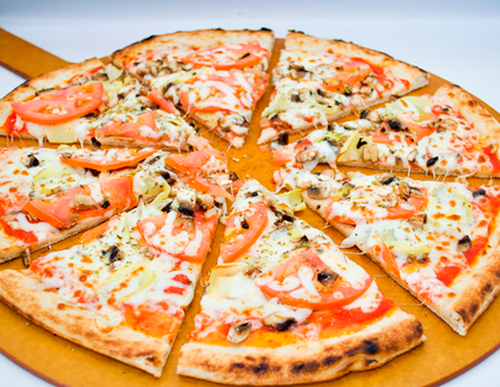 Veggie — Tomato sauce, mozzarella, mushrooms, artichoke hearts, tomato and basil.