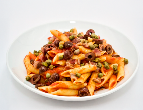 Puttanesca — Penne, pomodoro sauce, anchovies, capers and olives.