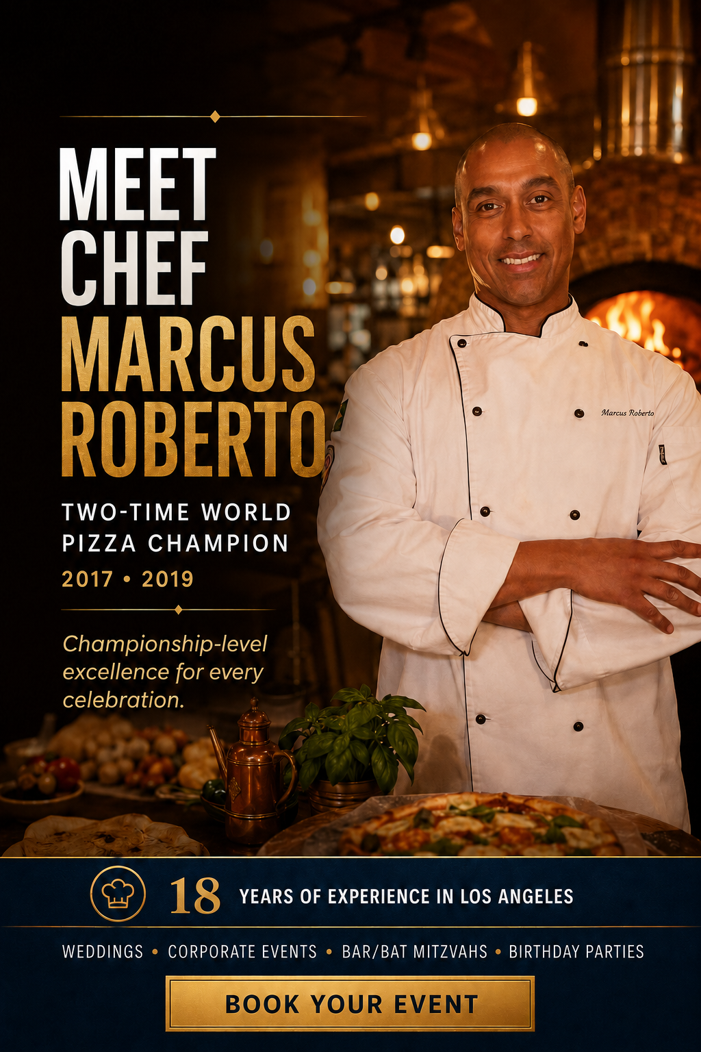 Chef Marcus Roberto, two-time World Pizza Champion, beside a pizza oven