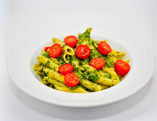 Pesto Pasta — Penne, homemade pesto and cherry tomatoes.