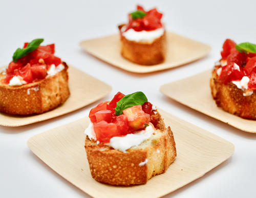 Bruschetta — Toasted bread topped with tomatoes and basil.
