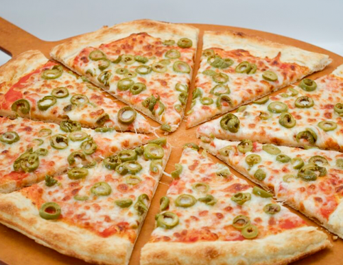 Cheese and Olives — Tomato sauce, mozzarella and green olives.